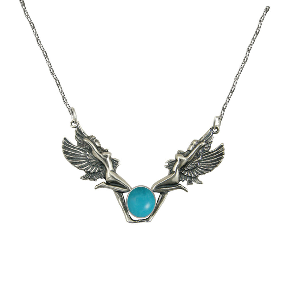 Sterling Silver Double Fairies Necklace With Turquoise